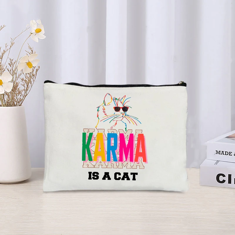 Karma Is A Cat Trousse de Maquillage, Motif Chat Mignon, Meilleur Cadeau pour Swiftie, Souvenir pour TS GérWomen, Étuis Cosmétiques, Trousse de Toilette