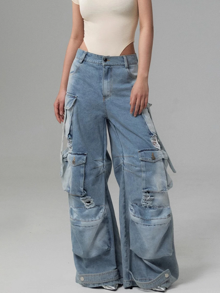 ReddaChic Adjustable Wide Leg Cargo Jeans Women Flap Pockets Ripped Holes Pintuck High Rise Do Old Baggy Jeans Vintage Workwear