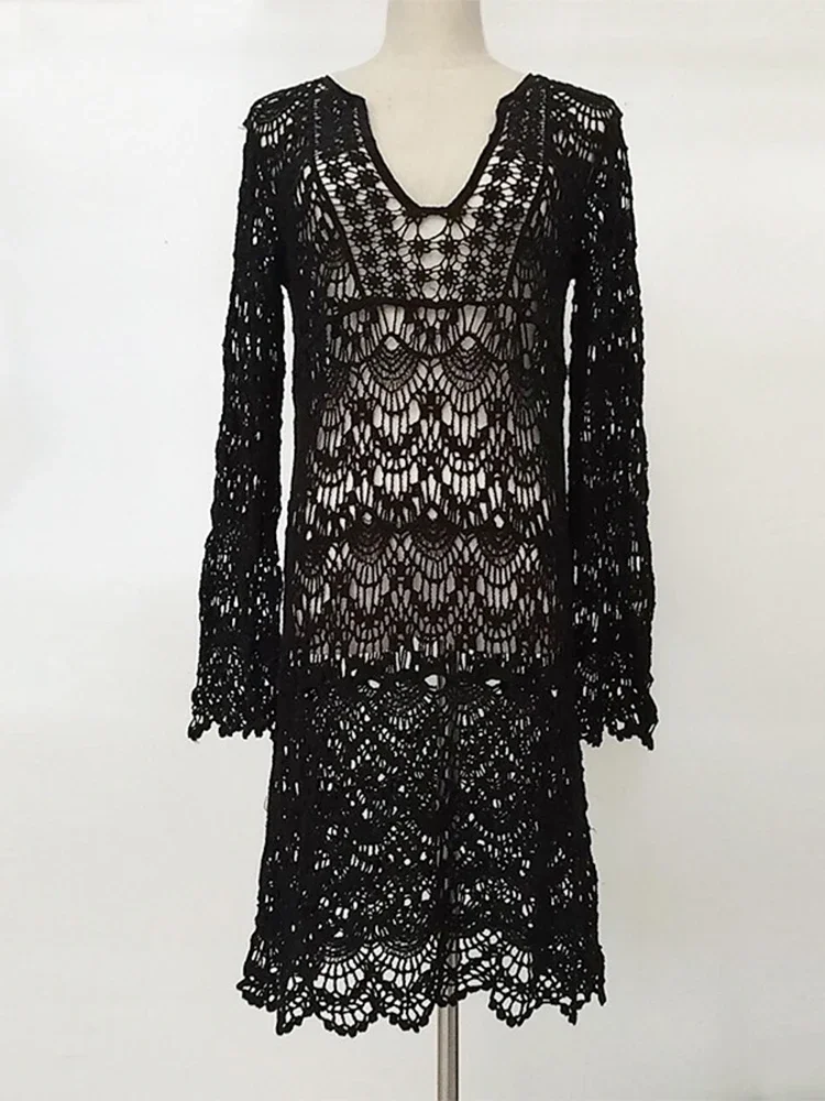 2025, neue aushöhlen Bikini-Vertuschungen für Damen, Strand-Vertuschung, gestrickt, durchsichtig, V-Ausschnitt, Kleid, langärmelig, Sommermode, Strandmode