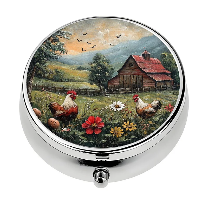 1 metal mini pill box with 3 compartments and locking lid - Farmhouse chicken and barn medicine organizer, rustic-themed portable vitamin box, portable medicine container (red hen, daisy design)