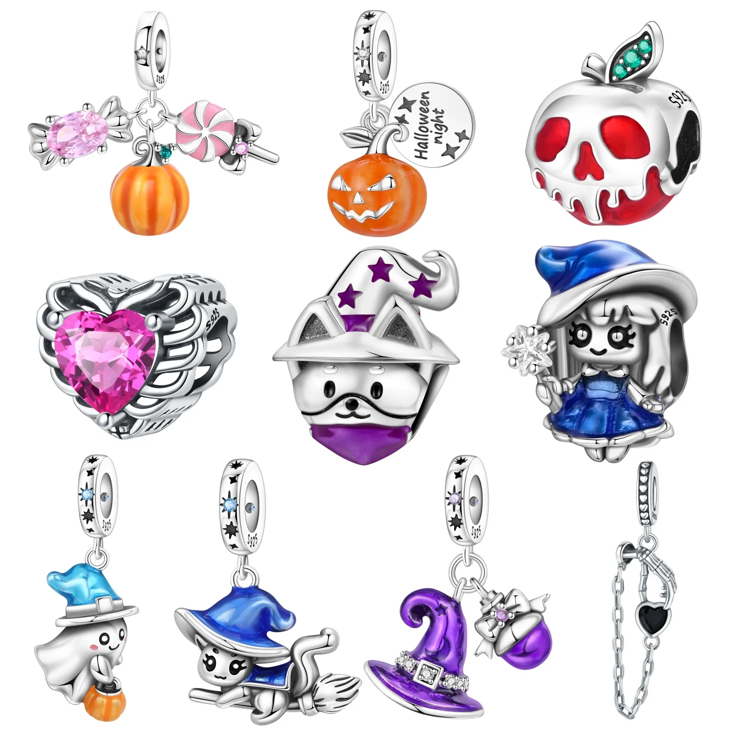 MISEFF S925 Sterling Silver Charm Pumpkin Witch Halloween Pendant For Bracelet DIY Jewelry Making Halloween Party Celebration