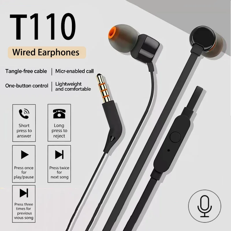 Fones de Ouvido com Fio T110 Originais de 3.5mm, Música Estéreo Verdadeira, Earbuds com Graves Profundos, Headset Esportivo com Controle Inline e Microfone