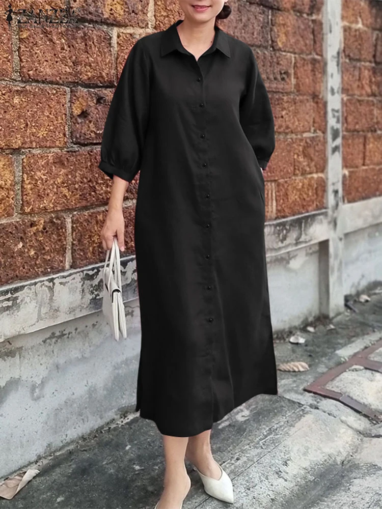 Damen Herbst OL Arbeitskleid ZANZEA 2025, elegantes Reverskragen, 3/4-Ärmel, Bürokleider, stilvolles, solides Hemdkleid, Knöpfe, Midi-Robe