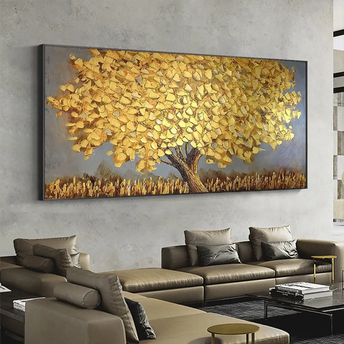 Big Gold Tree Oil Painting Hand Painted Original Large Abstract Gold Foil Tree Landscape Paintings Canvas Modern Wall Art Decor