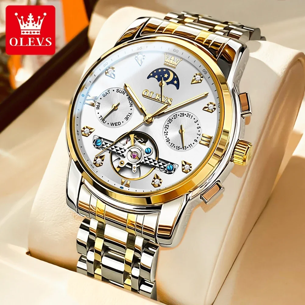 

OLEVS Automatic Mechanical watch for Man Luxury Tourbillon Date Week Moon Phase Hollow Out Dial Luminous Business Wristwatch