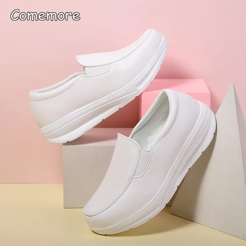 Comemore Sneakers Women Nurse White Shoes Comfortable Walking Shoes Breathable Female Flats Footwear Platform Slip-On Loafers 42