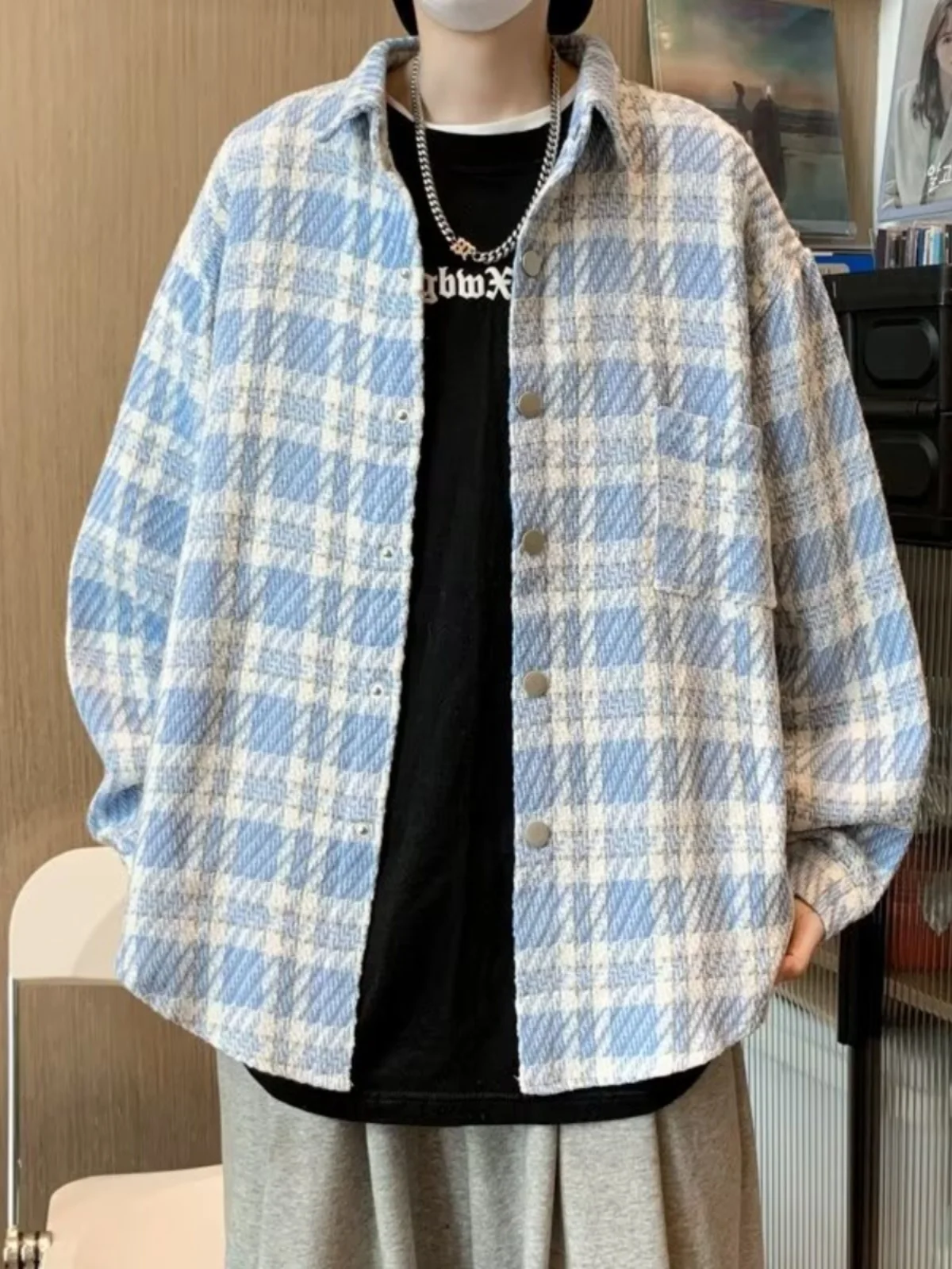 

Spring Autumn Plaid Jacket Men's Loose Casual Shirt Collar Fashion Brand Cuffed Long Sleeve Top Youth Popular Style