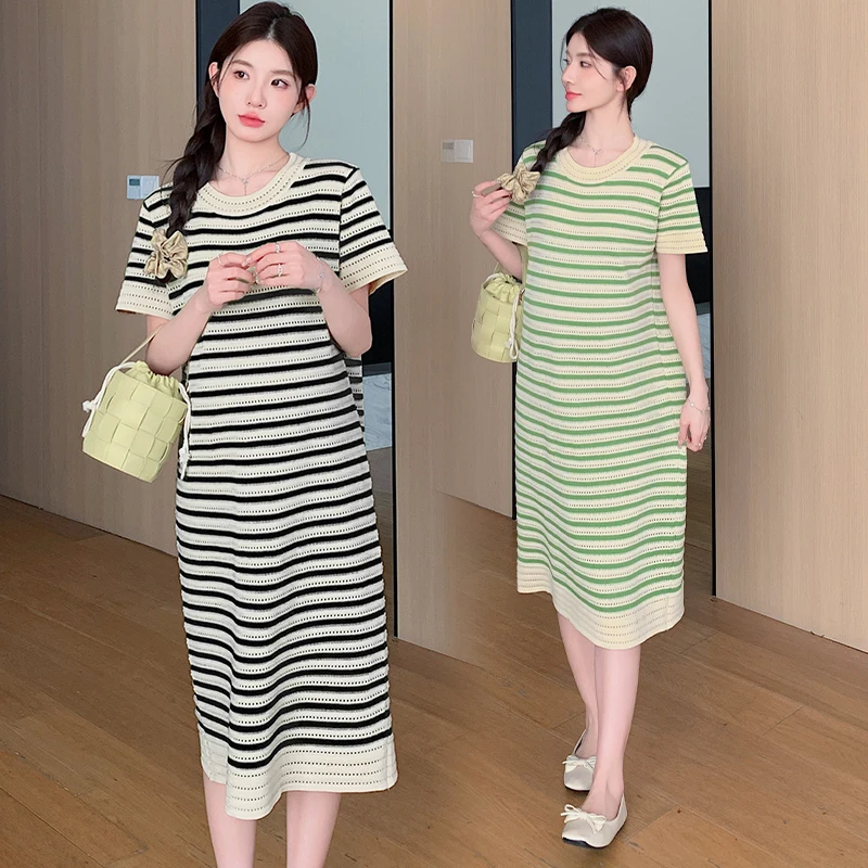 

Summer Pregnant Women's Clothing with Hollowed Out Short Sleeve O-Neck Maternity Knitting Dresses Block Color Striped Dresses