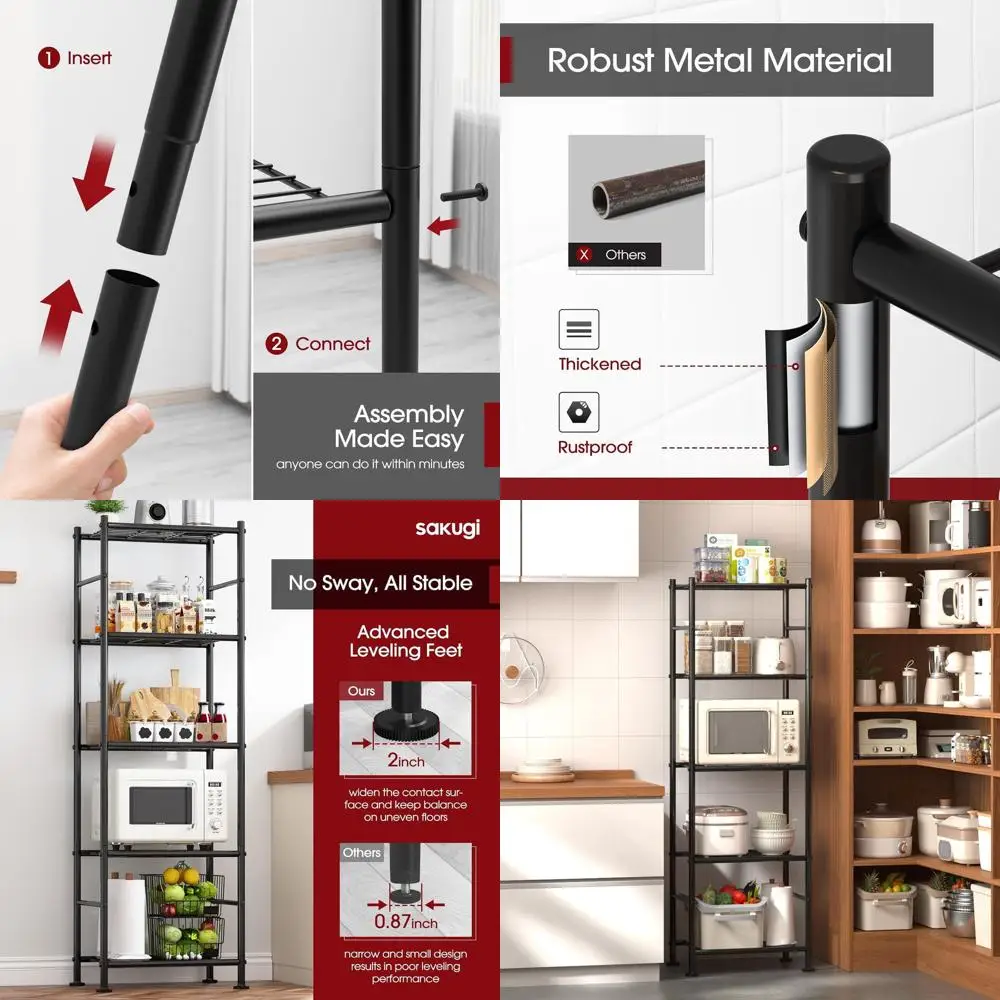 

5-Tier Metal Storage Shelves, Space-Efficient Organizer for Home, 18.4x12.6x57.4, Black