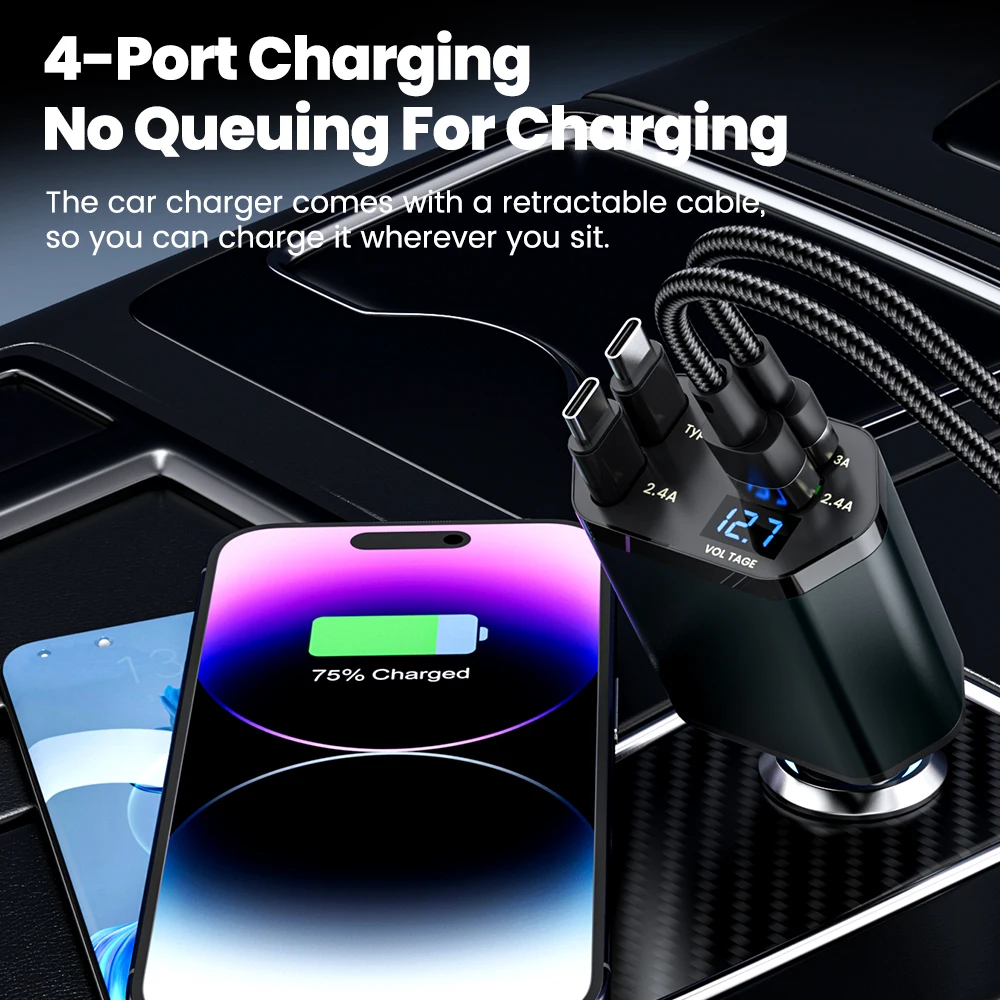Elough 4 IN 1 Retractable Car Charger Fast Charging USB C To USB C ios Cable Charger USB Type C Car Adapter For iPhone Huawei - náhled 4