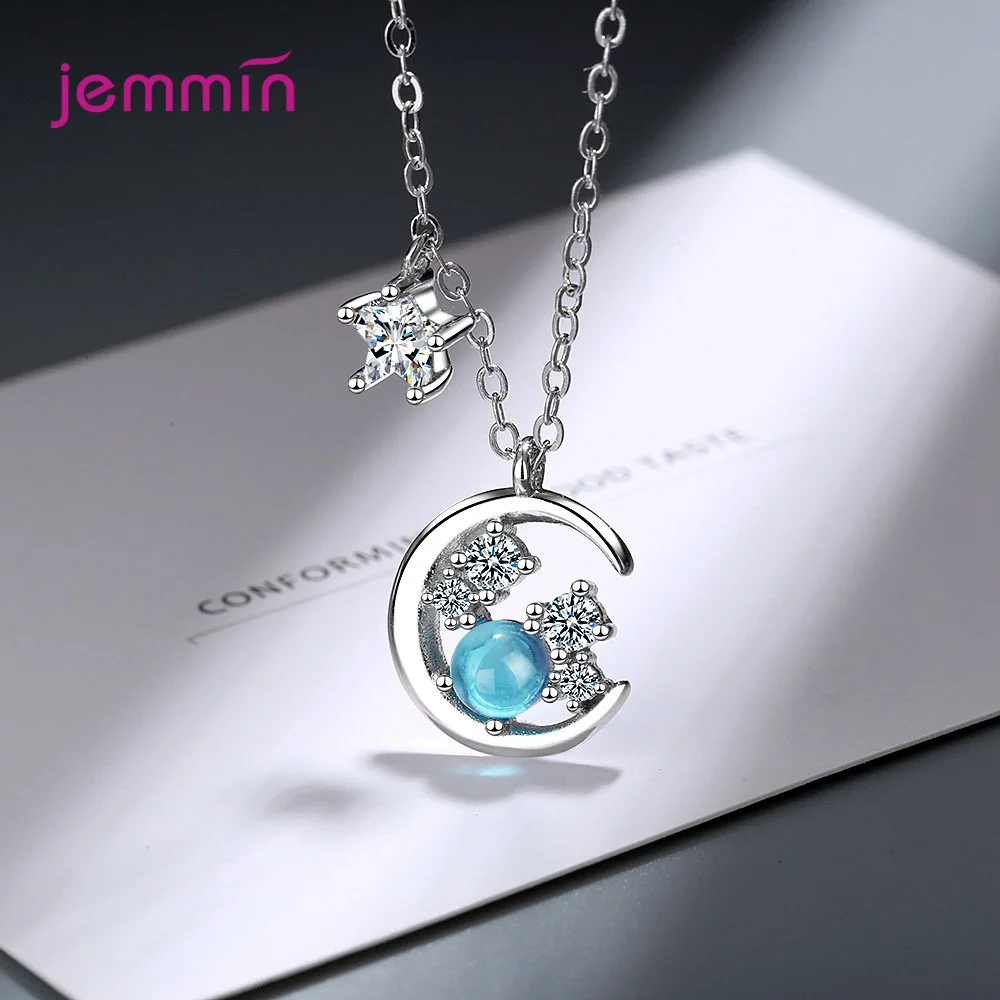 

Exquisite 925 Sterling Silver Blue Star Moon Cubic Zircon Crystal Pendant Necklaces For Women Wedding Party Fashion Jewelry Gift