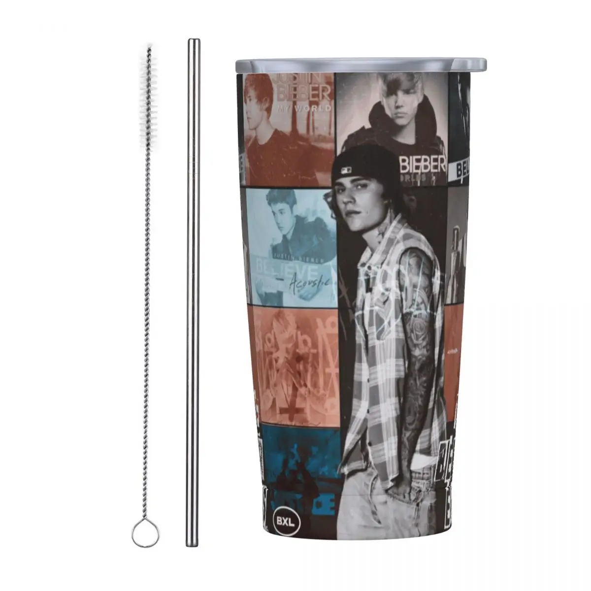 J-Justin Biebers Stainless Steel Tumbler Singer Driving Thermal Mug With Straws and Lid Large Mugs Cup Cold and Hot Water Bottle