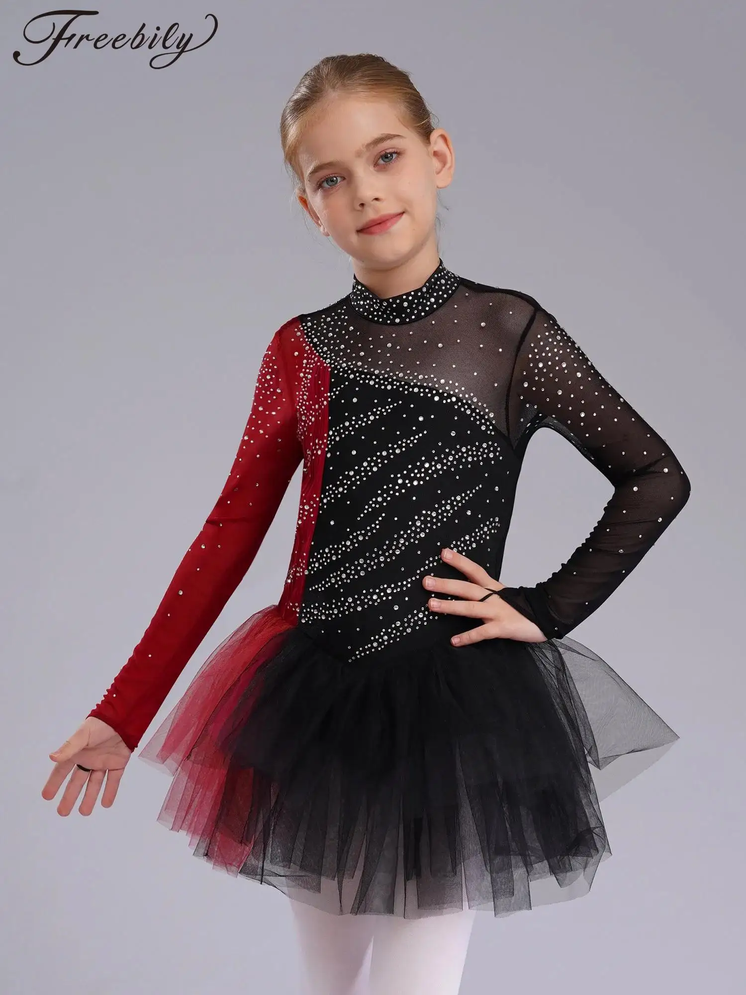 Girls Rhythmic Gymnastics Costume Figure Skating Ballet Dance Dress Shiny Rhinestones Long Sleeves Mesh Leotard Latin Dancewear