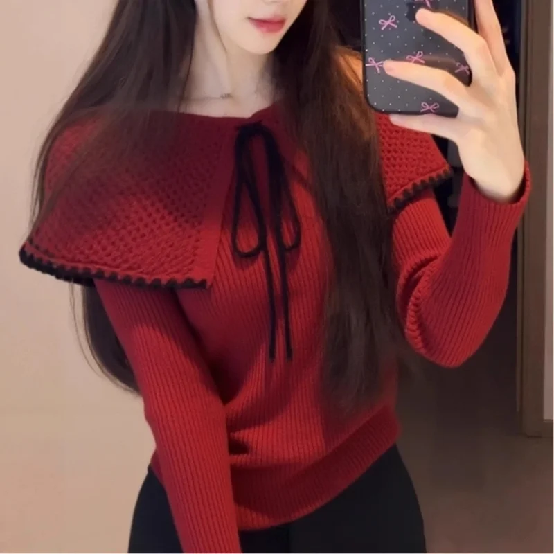 Women's New Autumn Winter Red Knit Sweater Tie Collar Off-shoulder Slim Fit Atmospheric Elegant Top