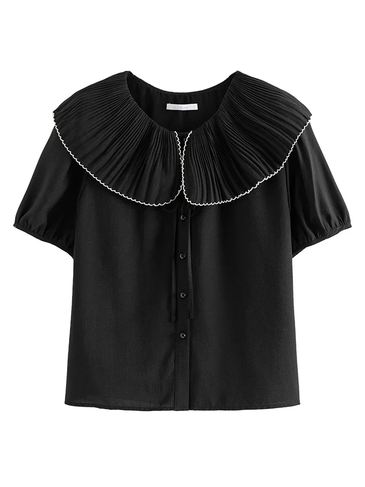 DUSHU  Women Pink Short Sleeve Blouse Peter Pan Collar Patchwork Female Black Shirts 47.8% Acetate Women Shirt Tops 24DS82760