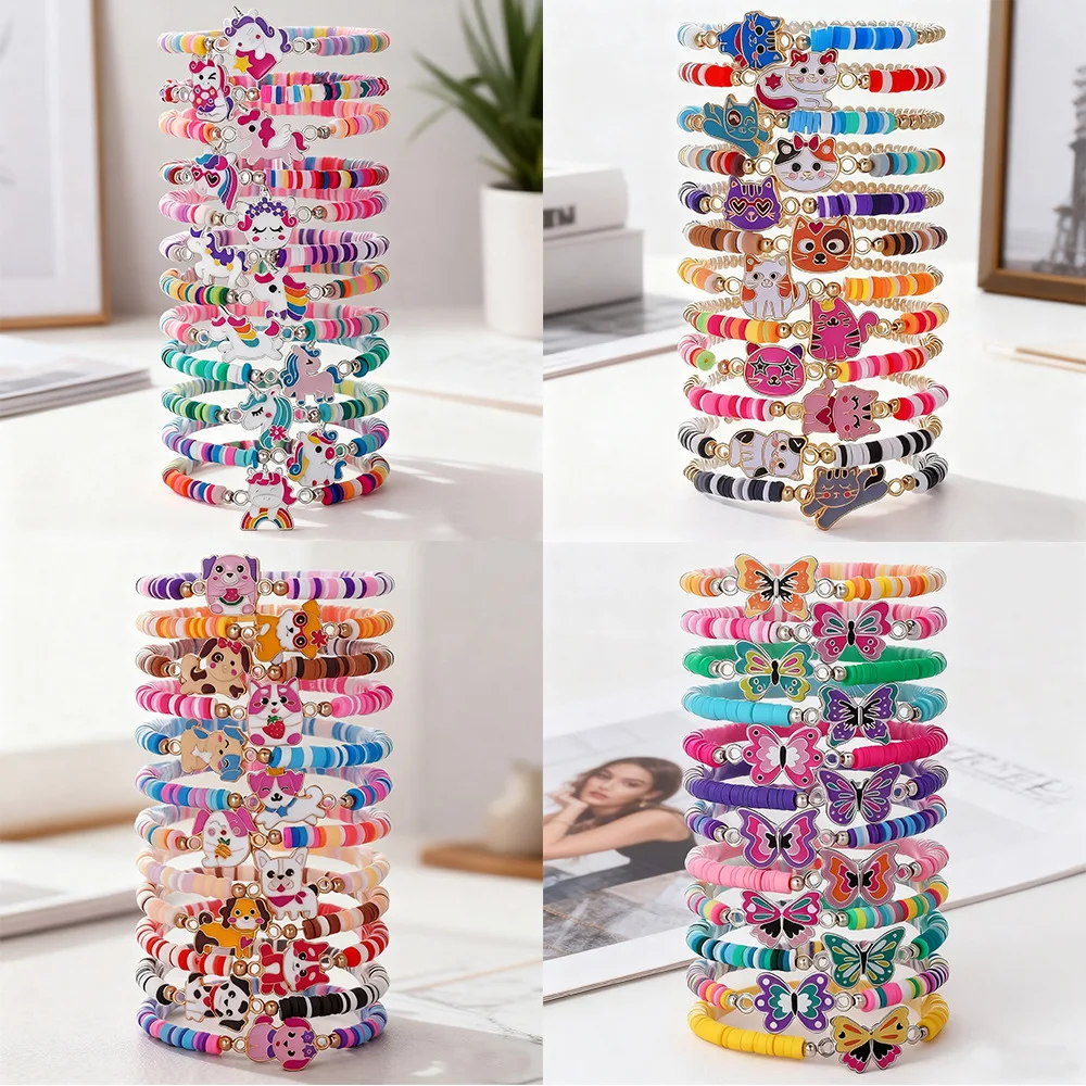 Kids Bracelet for Cartoon Animal, Butterfly, Cat & Dog – Multi-Layer Stackable Soft Polymer Clay Bracelet for Children