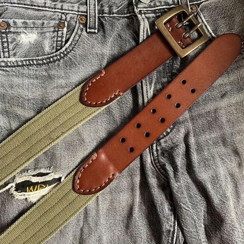 Vintage Canvas Belt Men\'s 100 cowhide Splicing Design belt pure copper double needle buckle leather belt