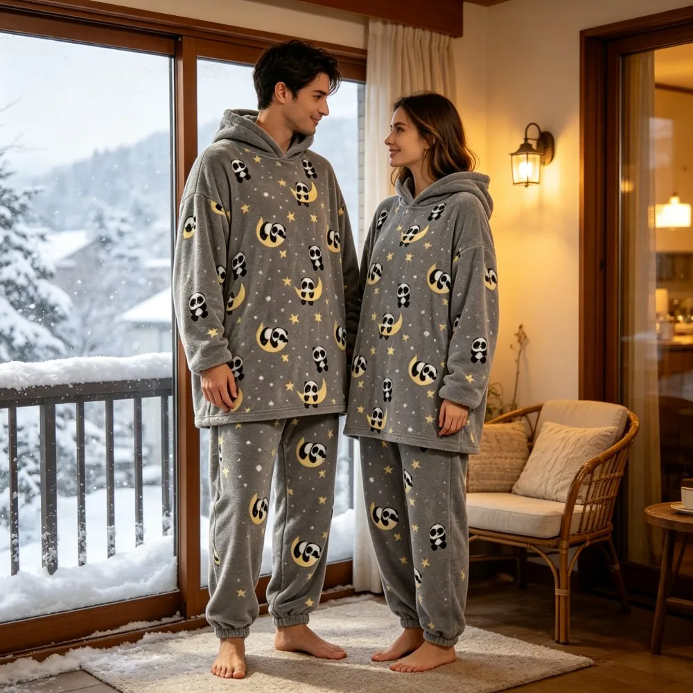Matching Couple Pajamas Set Halloween Pumpkin Print Winter Oversize Blanket Hoodie and Pants Men Homewear Flannel Woman Pyjamas - view 6