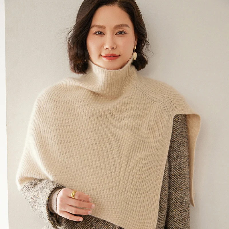 2024 New 100% Cashmere Short Poncho Women Turtleneck Shawl Wraps Thick Ribs Knitted Accessories Cape Soft Scarf Neck Warm Cappa