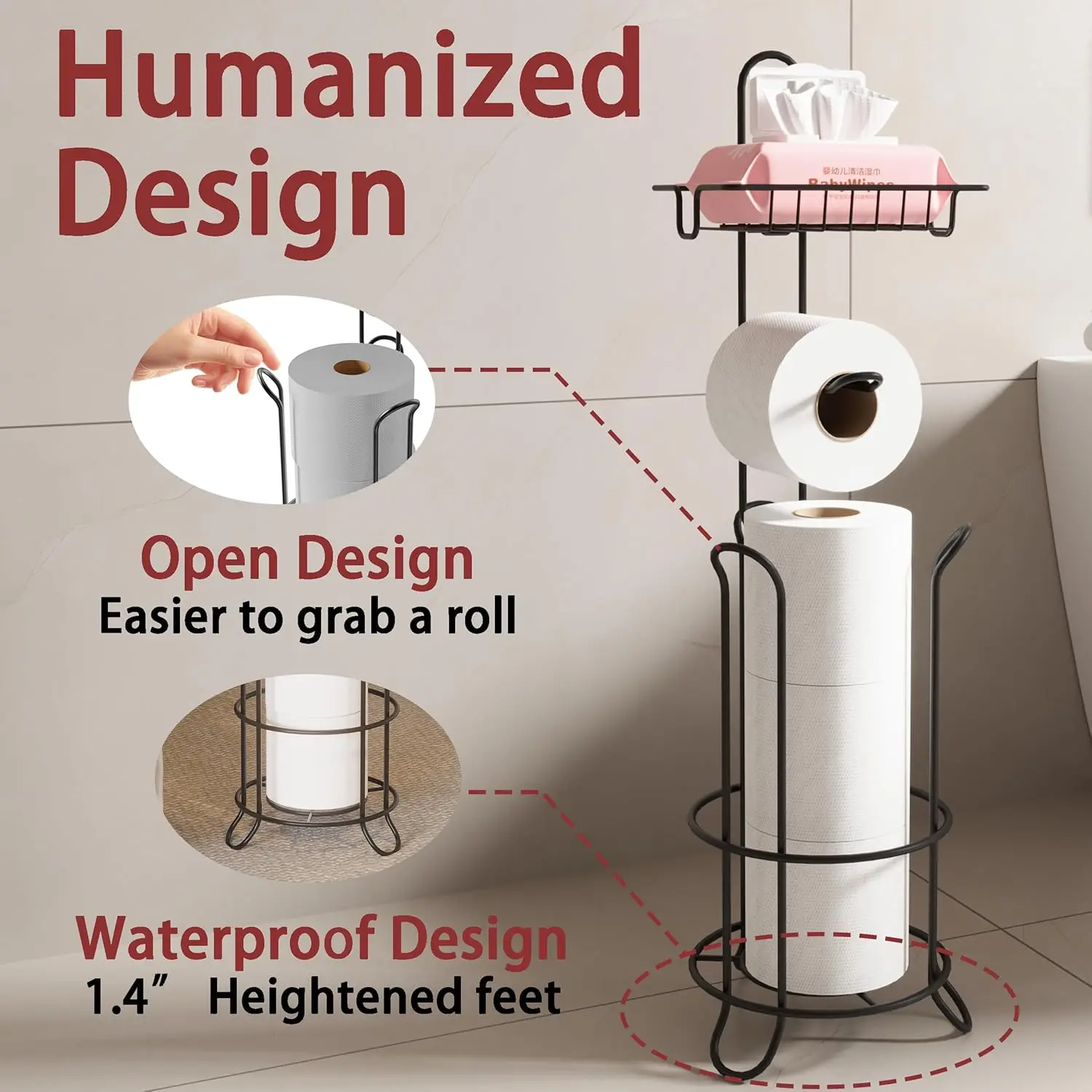 Toilet Paper Holder Stand Bathroom Toilet Paper Storage with Raised Base, Tissue Paper Roll Dispenser with Top Shelf