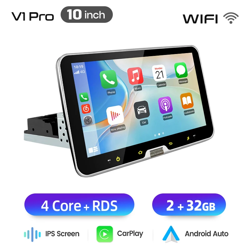 Junsun 10 inch draaibaar IPS touchscreen 1 Din universele draadloze autoradio voor Apple Carplay Android Auto, Androidauto stereo multimediaspeler, slimme intelligente systemen, GPS navigatie, head