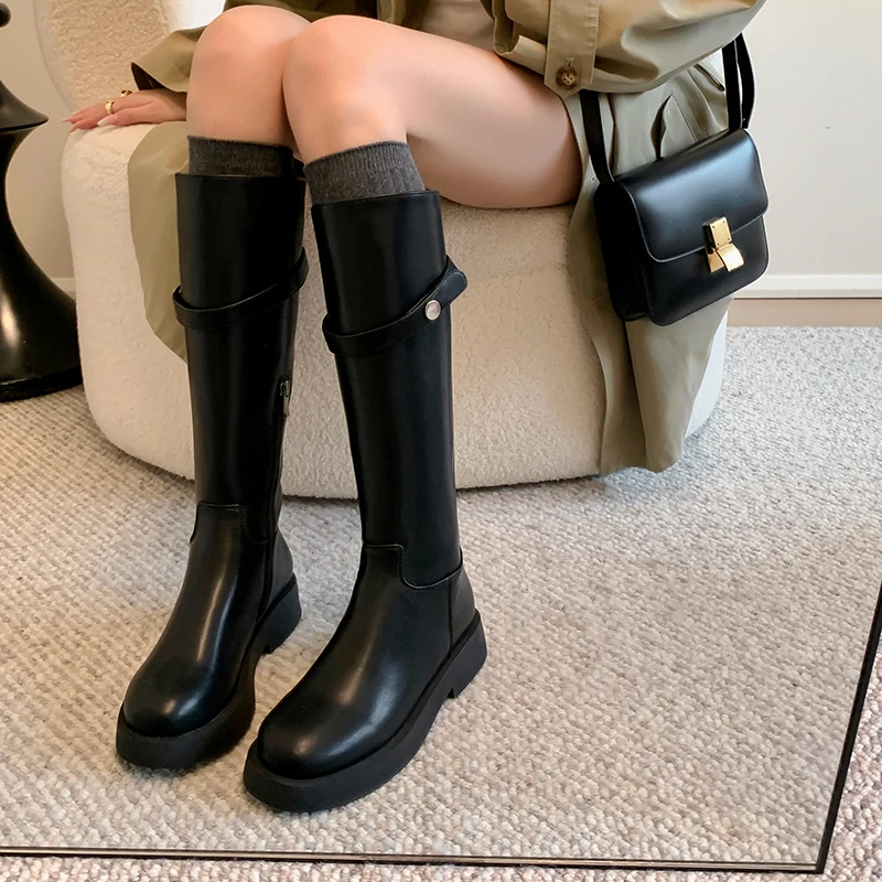 New Knight Boots Women Genuine Leather Round Toe Platform Middle Heels Zipper Knee High Equestrian Boots Casual Shoes Tube Boots