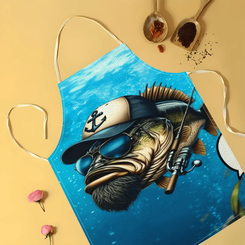 1pc Linen Apron Funny Fisherman Fish with Sunglasses Fishing Lover Gift Outdoor BBQ Kitchen Chef Accessory