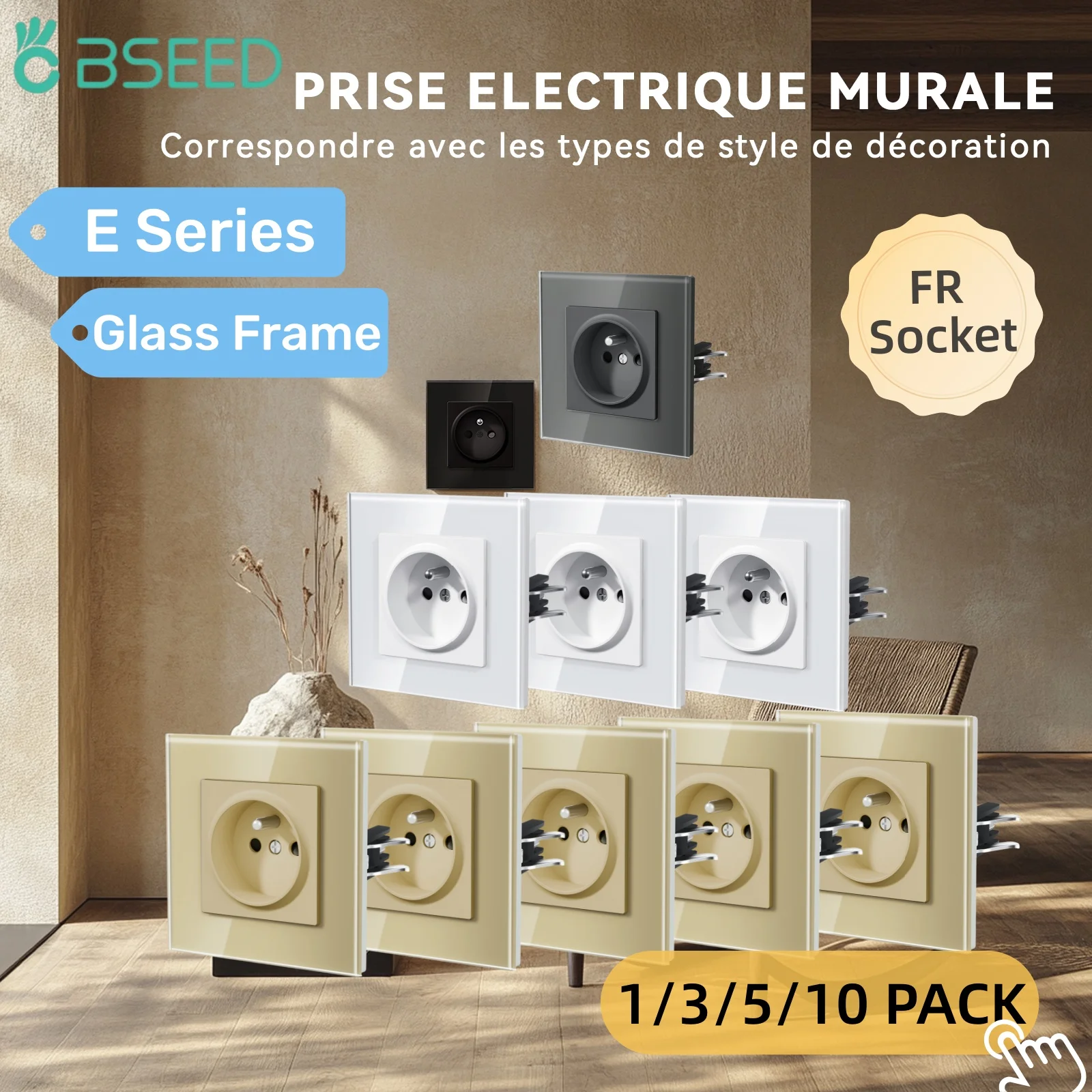 BSEED E Series 16A French Socket 86mm Single Power Outlets FR Standard Electric Socket Crystal Glass Wall Socket 1/3/5/10 Pack
