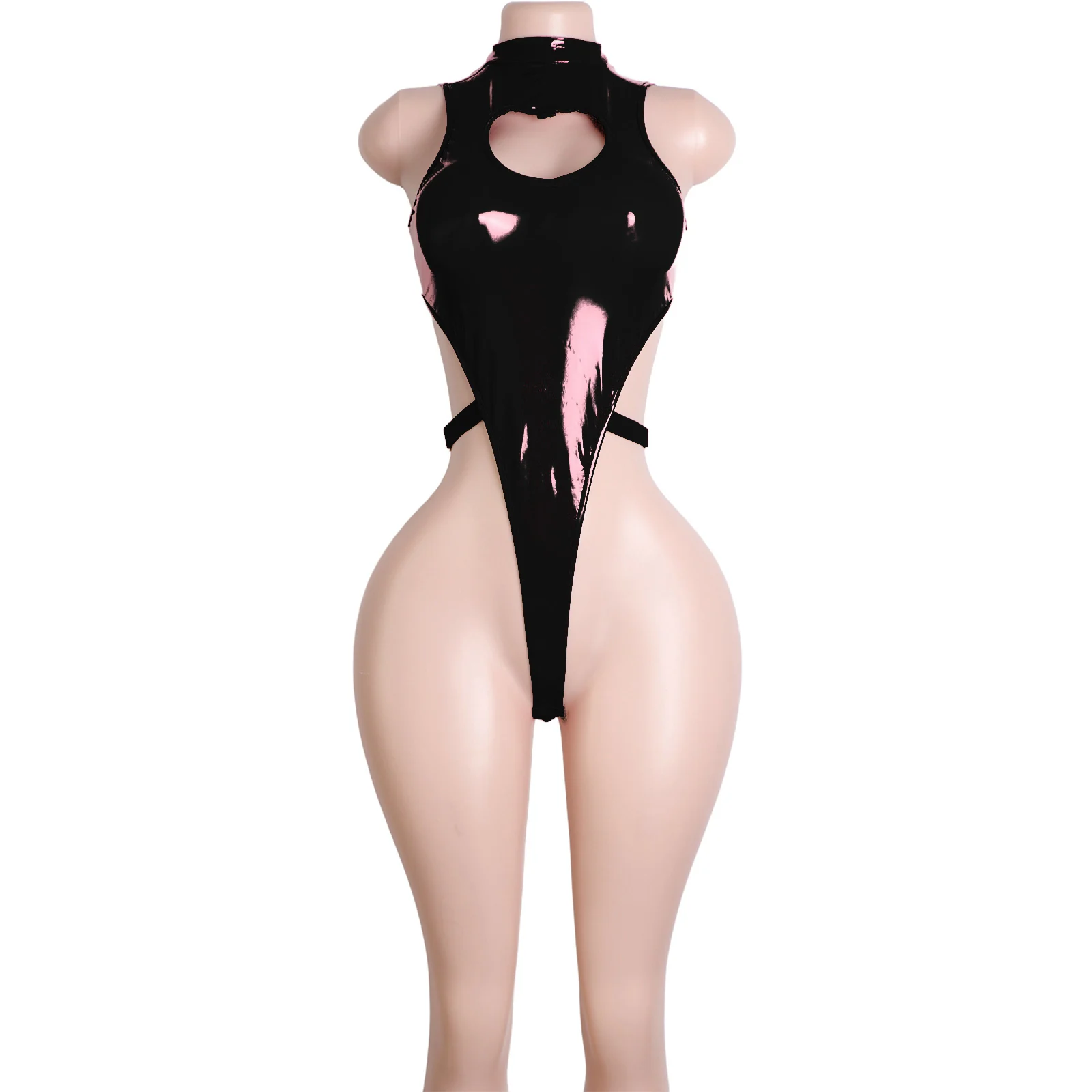 

PVC Leather Bodysuit with Hollow Heart Belt Buckle Thong Sexy Stripper Outfit for Club Night Dance Performance Dancewear