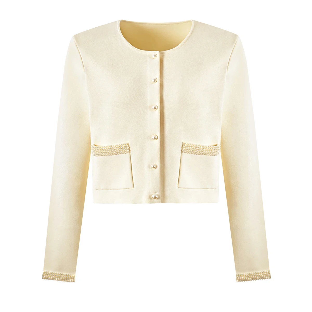 

High Quality Summer And Autumn New Fashion Pearl Rivet Socialite Women's Long Sleeved Round Neck Knitted Top Cardigan Set