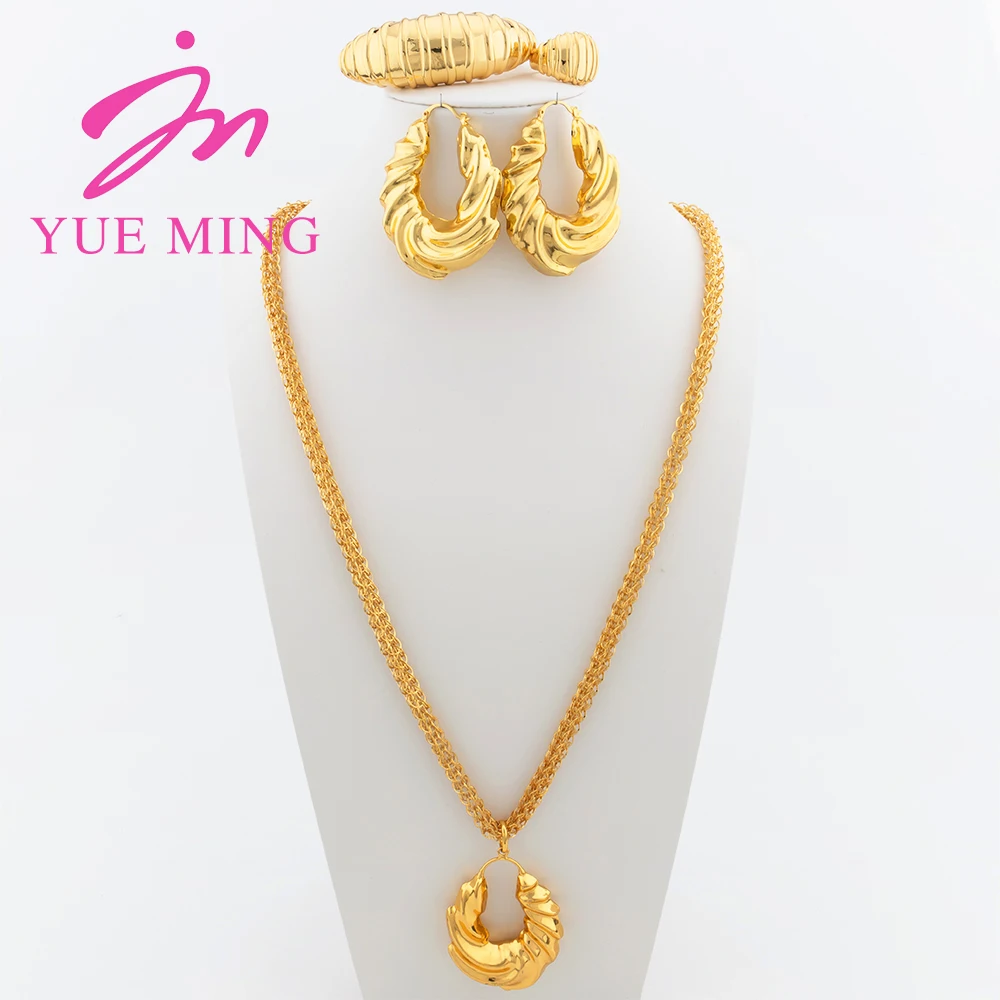 

YM Gold Plated Jewelry Sets for Women 80CM Chain African Bridal Wedding Gift Party Necklace Big Earrings Ring Bracelet Jewellery