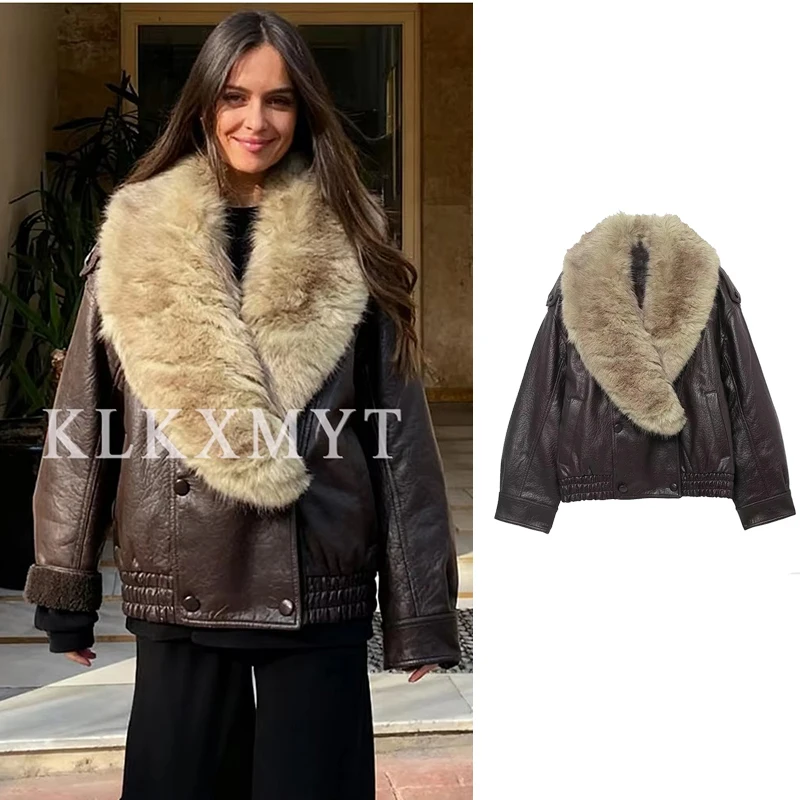 

Женская кожаная куртка 2024, осень-зима, новая мода, однотонное пальто с длинным рукавом и меховым воротником, женская шикарная свободная верхняя одежда для отдыха