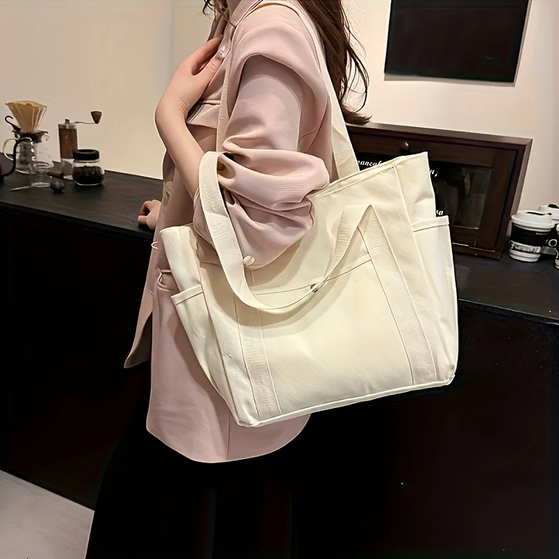 حقيبة حمل قماشية أنيقة ذات سعة كبيرة - أشرطة كتف متينة للإغلاق بسحاب مثالية للتنقل والكلية وحمل الكتب