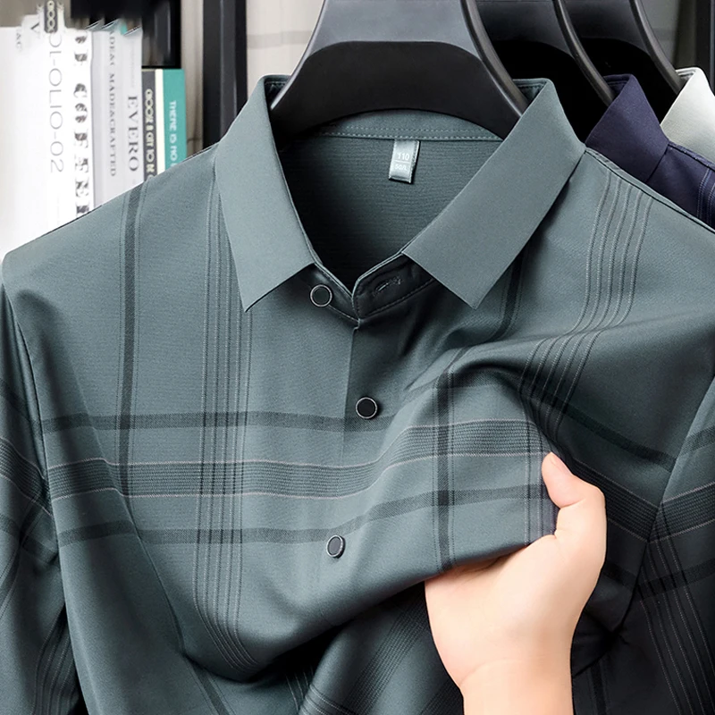 

TFETTERS Роскошная шелковая рубашка 2024, весенне-осенняя клетчатая рубашка с длинными рукавами, обычная посадка, деловая повседневная мягкая офисная рубашка против морщин