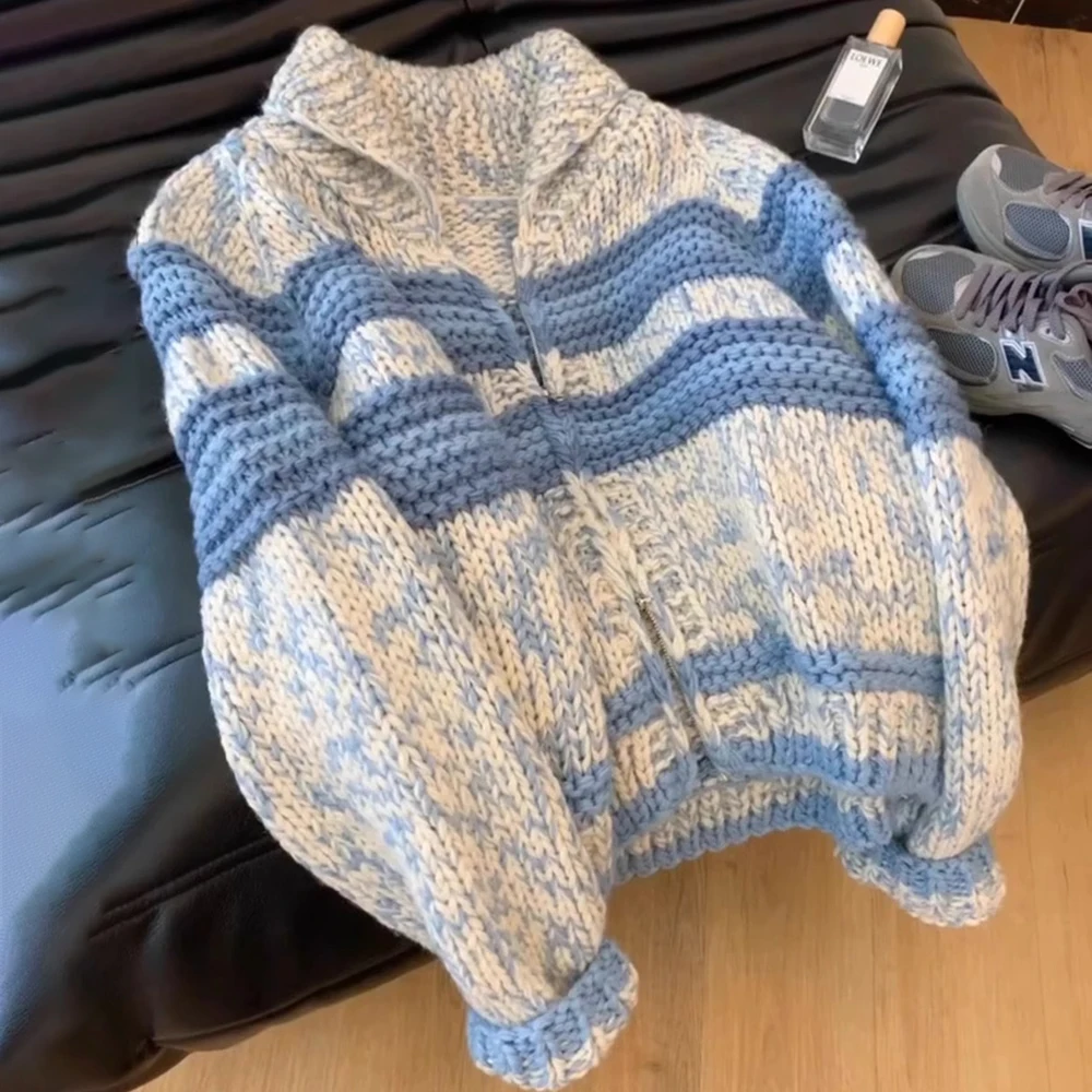 Cardigans de malha listrado azul vintage para mulheres coreano contraste turn down collar camisola casacos retro solto all-match outerwears