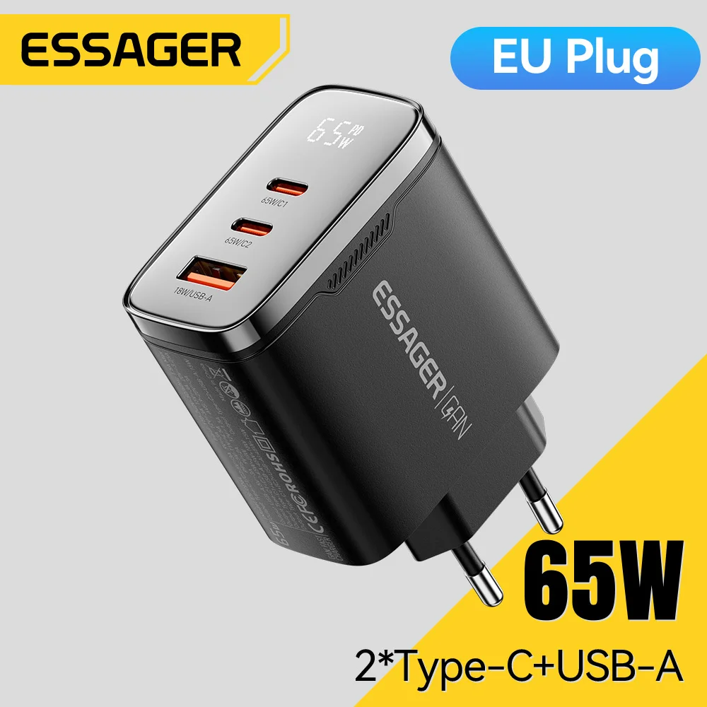 Essager 65W GaN USB Type C Charger with Digital Display QC 4.0 PD 3.2 Fast Charge for Samsung Huawei iPhone17 Laptop MacBook