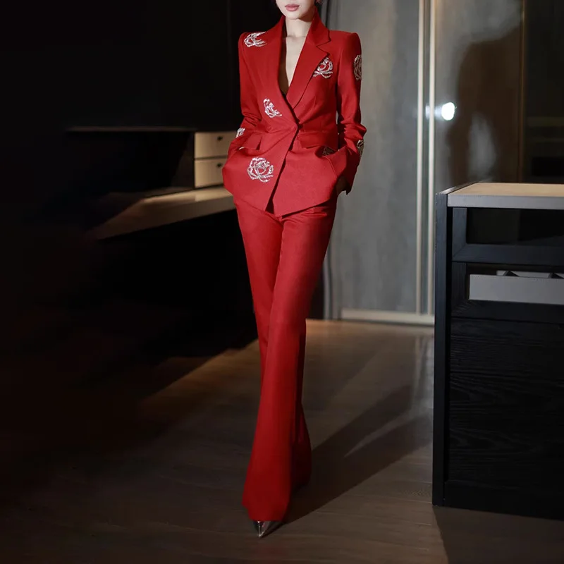 Stylish Two-piece Suit Set with Heavy Beading and Rhinestone Embellishments Single-button V-neck Blazer + High-waisted Trousers