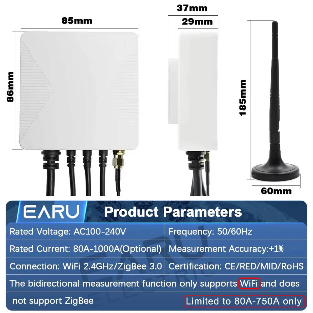EARU Single Three Phase Tuya WiFi Smart Bidirectional Monitor Current Voltage kWh PV Solar Power Energy Meter 3 CT Clamps