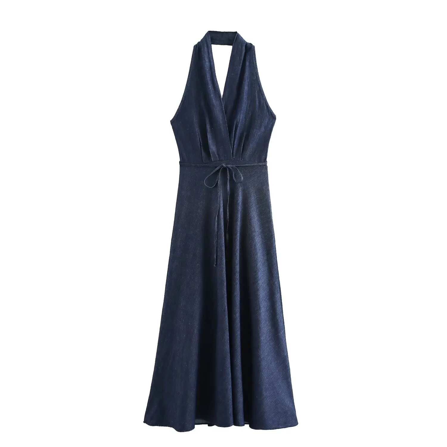 2024 Summer New Women\'s Clothing European And American Style Fashionable Simple Hanging Neck Collar Tied Denim Dress