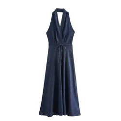 2024 Summer New Women's Clothing European And American Style Fashionable Simple Hanging Neck Collar Tied Denim Dress