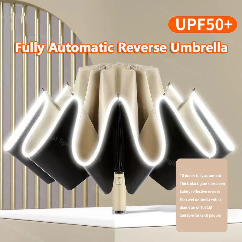 

Fully Automatic Reverse Umbrella Windproof Strong With Reflective Stripe Automatic Fold UV Umbrella Insulation Parasol
