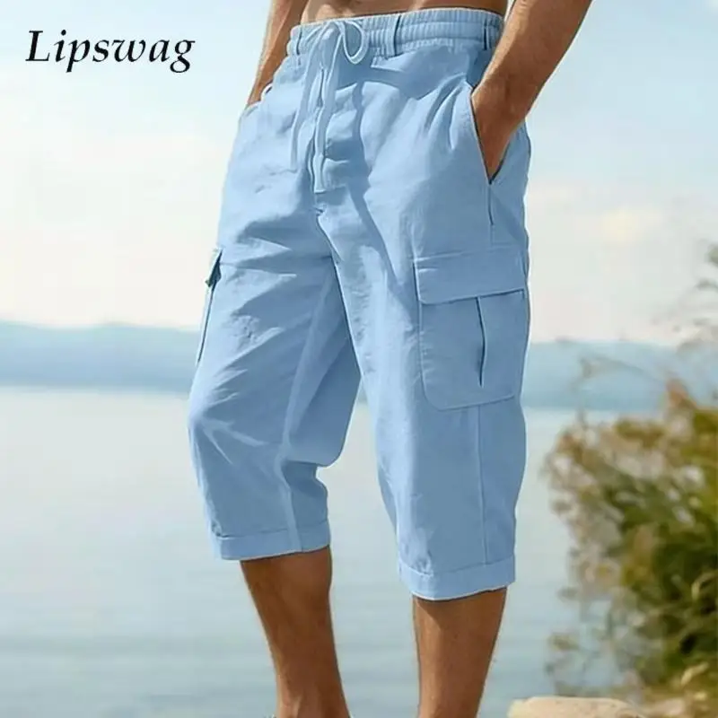 

Vintage Multi Pocket Linen Shorts Mens Summer Casual Breathable Loose Knee-length Shorts Fashion Men Solid Color Straight Shorts