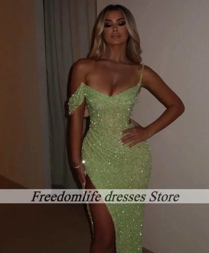 فستان سهرة بحورية البحر بترتر أخضر فاتح طويل بفتحة عالية فساتين لحضور الحفلات الموسيقية للنساء رداء حفلات الزفاف مخصص فيستدو دي غالا