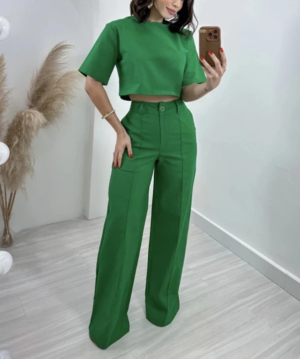 Women\'s 2-Piece Pants Suit 2024 Summer Solid Round Neck Short Sleeve Crop Top + Straight High Waist Wide Leg Pants Streetwear