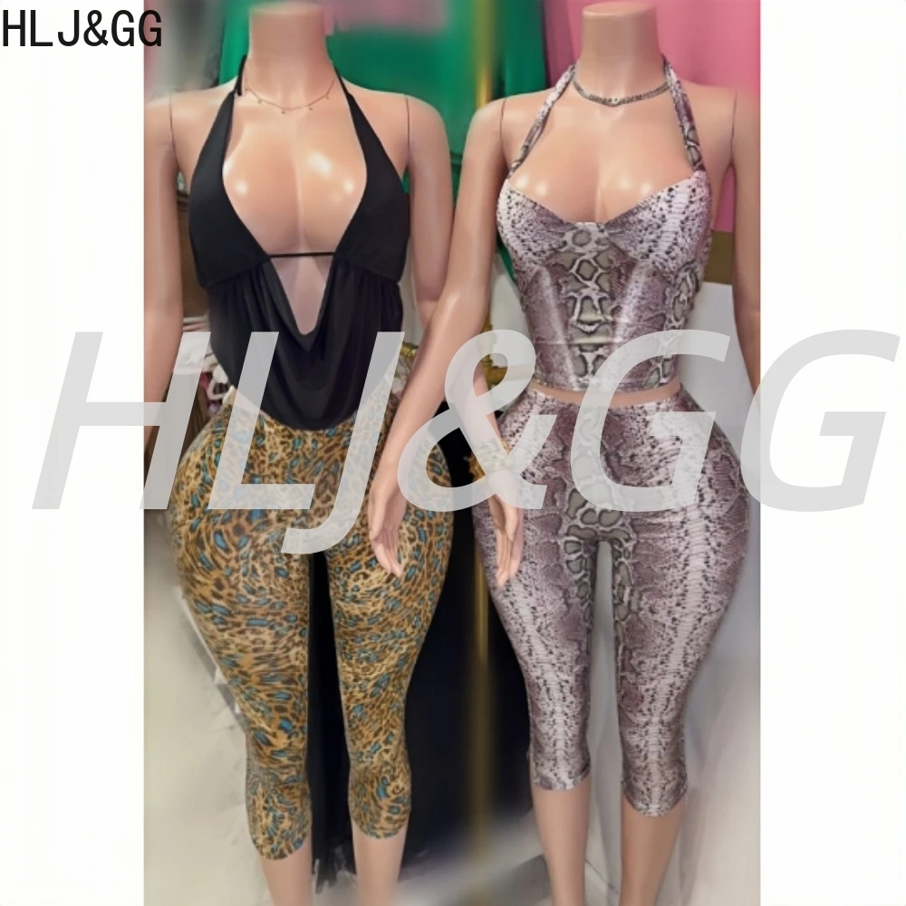 

HLJ&GG Fashion Deep V Hooded Halter Two Piece Sets Women Sleeveless Backless Ruched Crop Top And Leopard Print Pants Outfit 2025
