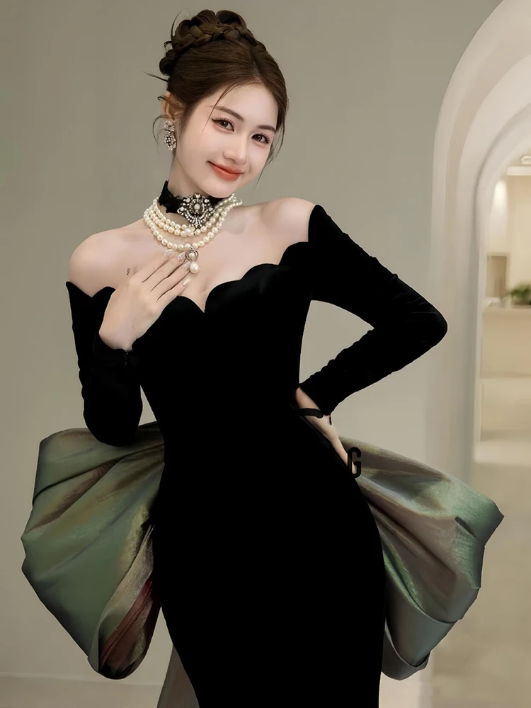 

Bla-oulder Evening Gown Fi Tail Wedding Dr Luxury Sensation New 2025 Ele Long Sve Mid-Waist Korean Sle