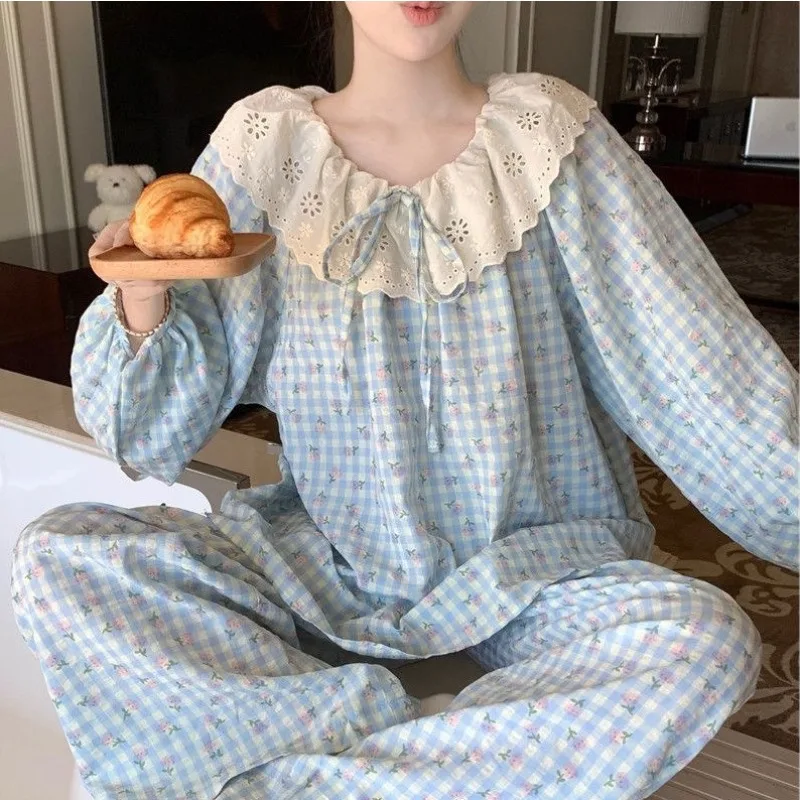 بيجامة حلوة ذات ياقة كبيرة من الدانتيل للنساء مع أكمام طويلة منقوشة وسراويل طويلة ملابس منزلية للطلاب مقاس كبير مكونة من قطعتين #6