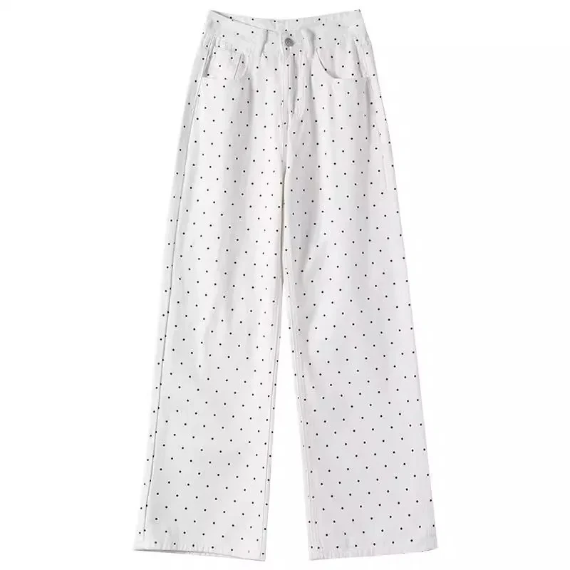 Wave Point Floral Wide-leg Jeans Women's Autumn Winter 2026 New Style Thin High Waist Loose White Casual Straight Trousers