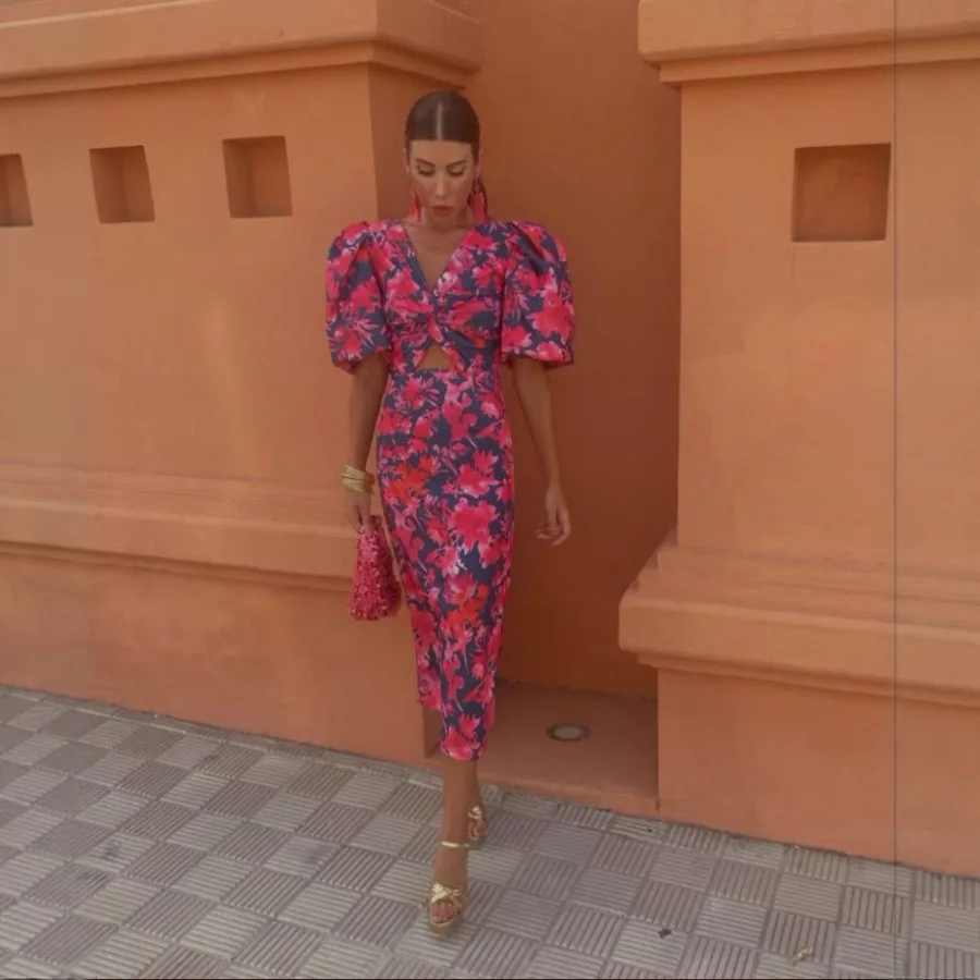 

【Новый стиль】Летнее европейское и американское повседневное модное и элегантное женское платье с глубоким V-образным вырезом, с принтом, облегающее, с короткими рукавами, длинное.