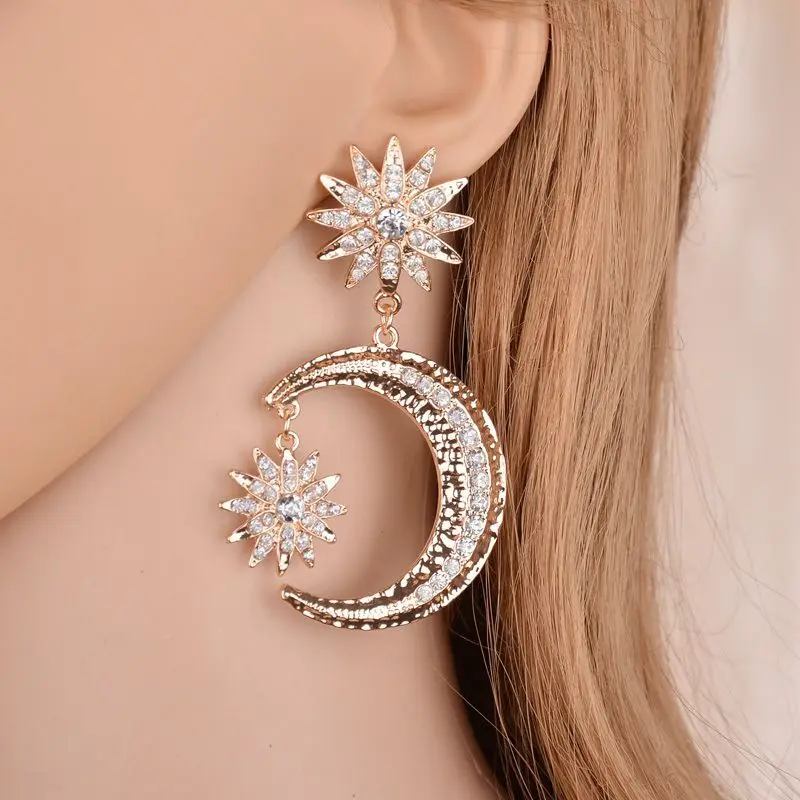 

New Studs Baroque Stylish Moon and the Stars Diamond Long Metal Earrings Luxury Model Style Women